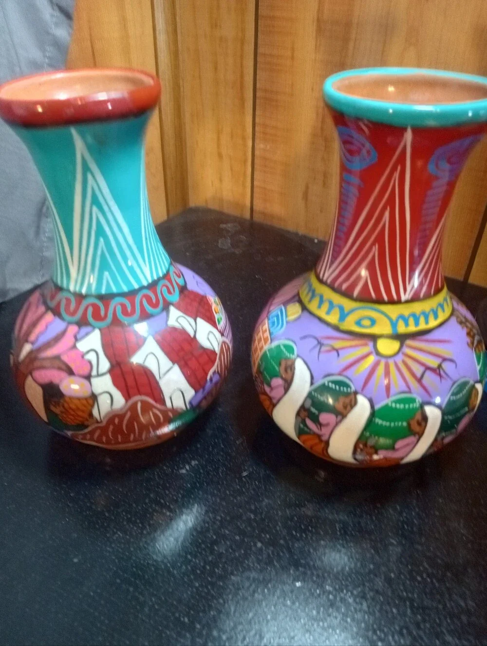 Hand-Painted Isidoore MexicTurquoise & Red Ceramic Vintage Vases